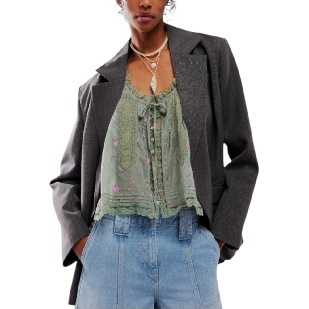 New FREE PEOPLE Forevermore Sheer Lace Floral Print Top Meadow Green Sz L - Picture 5 of 15